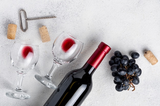 Flat lay red wine bottle on table