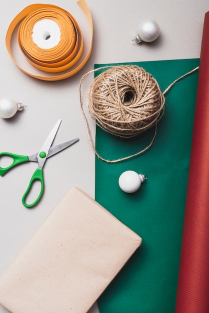 Flat lay of ribbon and string for christmas