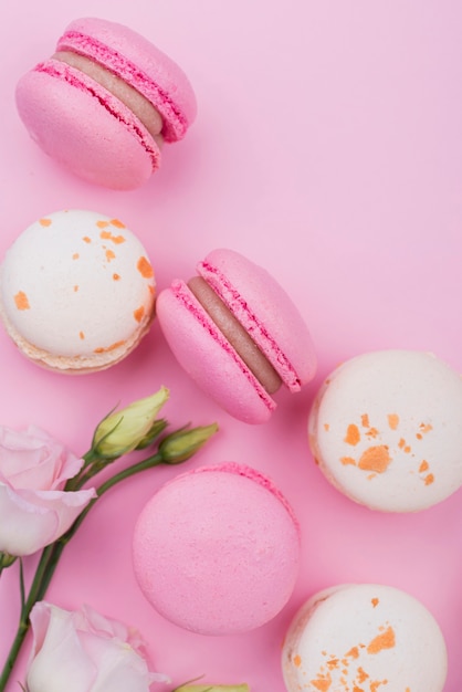 Free photo flat lay of roses with macarons