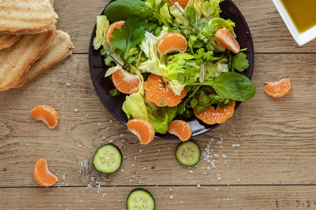 Flat lay salad with vegetables and fruit