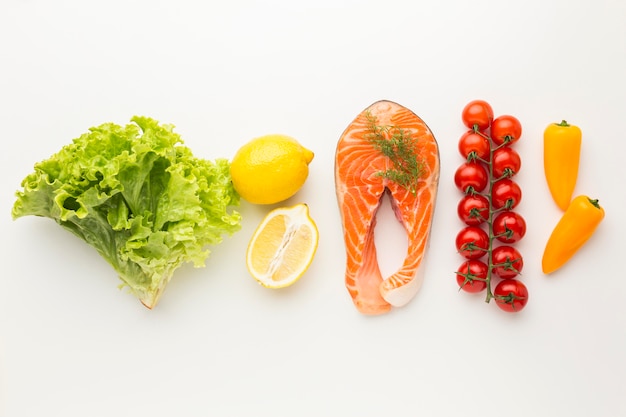 Flat lay salmon and vegetables