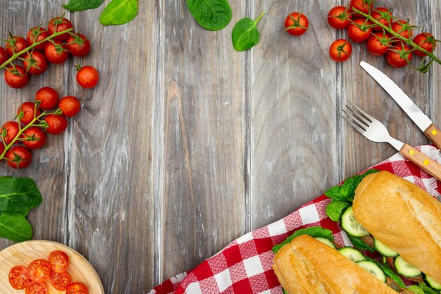 Flat lay of sandwiches with tomatoes and cutlery