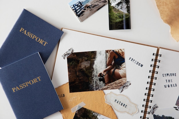 Free photo flat lay scrapbook and passports