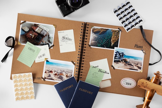 Flat lay  scrapbook with travel photos