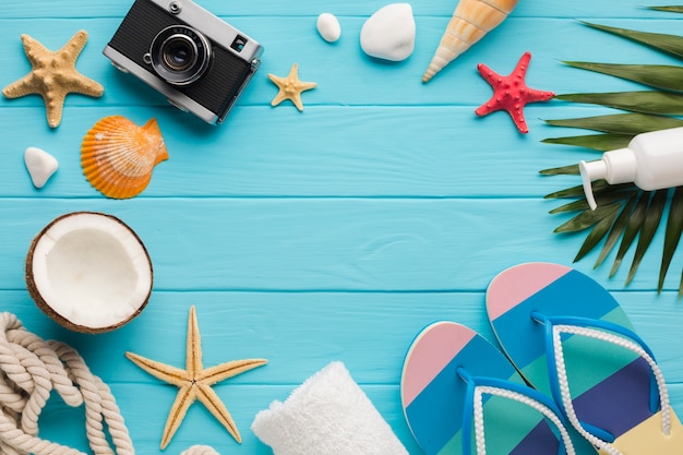 Flat lay seaside composition with copy space
