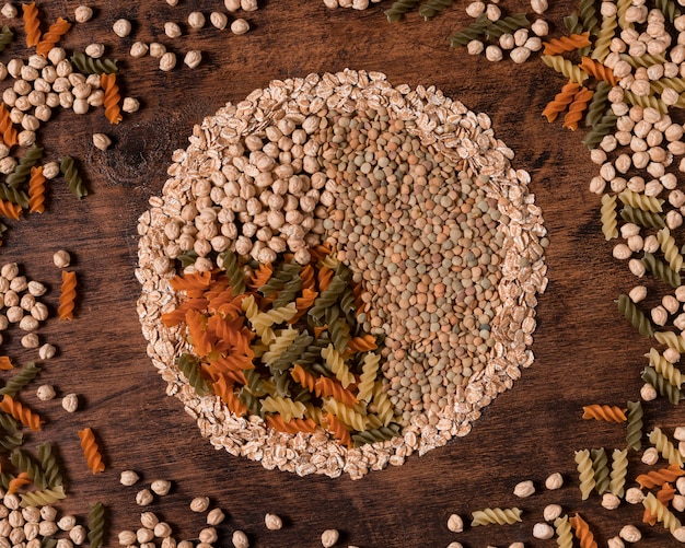 Flat lay seeds and pasta arrangement