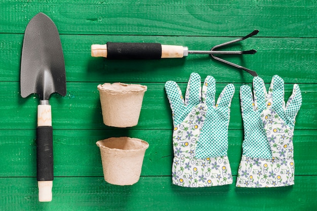 Flat lay set of gardening items