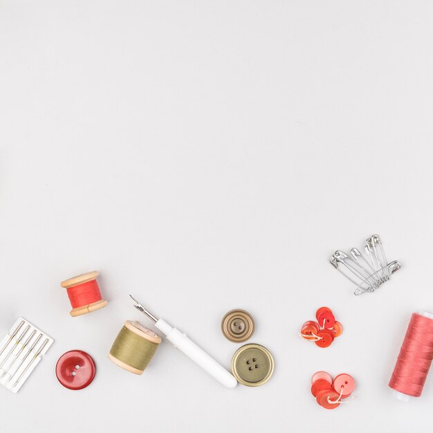 Flat lay of sewing supplies with copy space