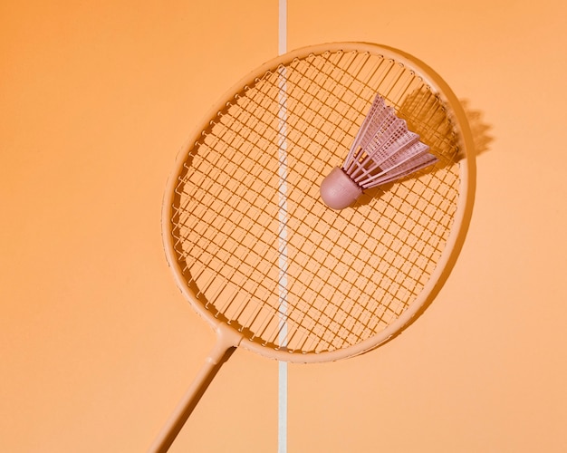 Flat lay shuttlecock on badminton racket