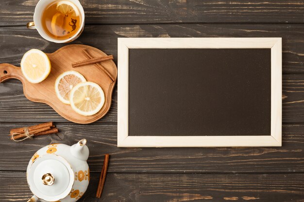 Flat lay slate template with tea concept