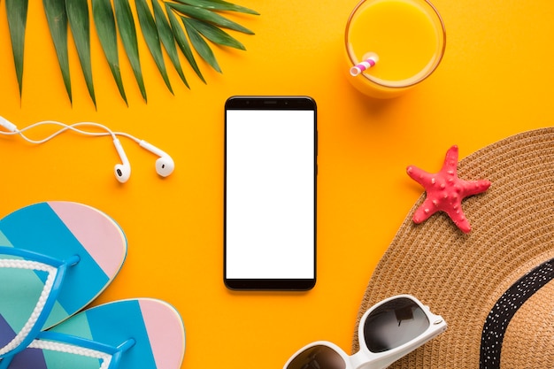 Flat lay smartphone with  vacation concept