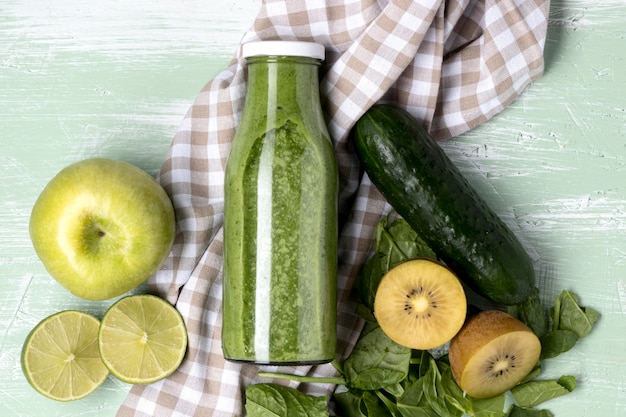 Flat lay smoothie bottle on cloth