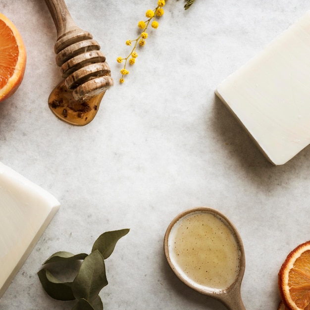 Free photo flat lay soap ingredients arrangement