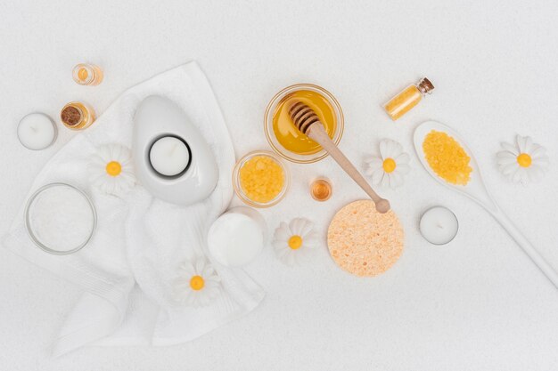 Flat lay spa concept on white background