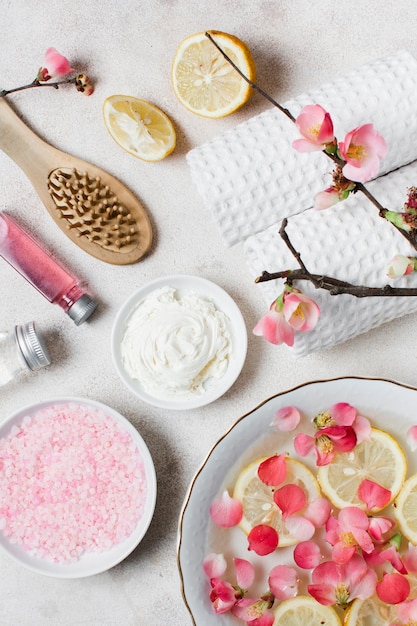 Flat lay spa concept with pink items