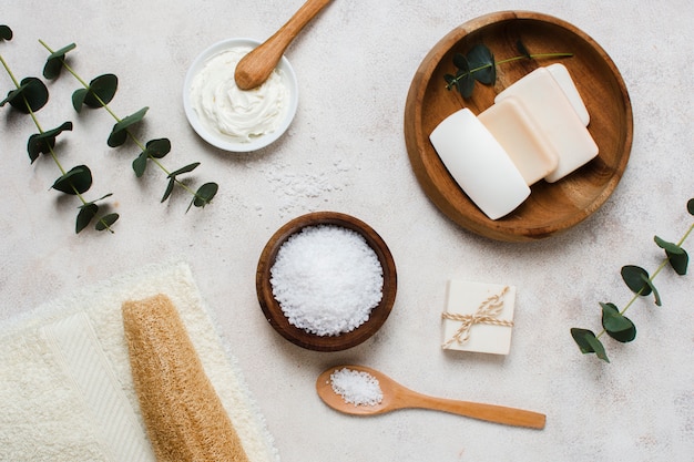 Flat lay spa concept with salt bowl