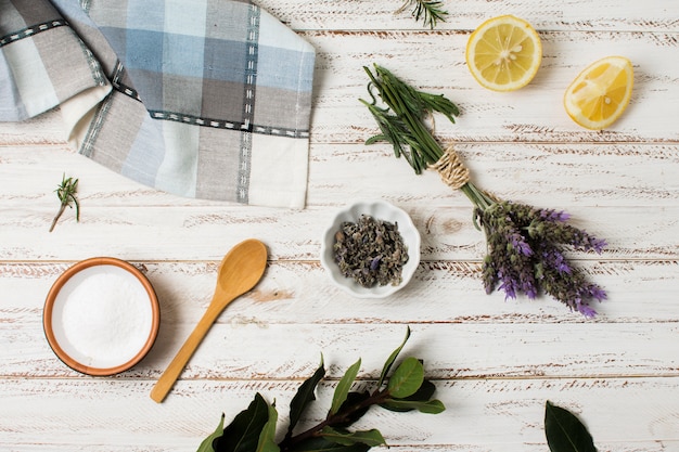 Flat lay spa concept on wooden background