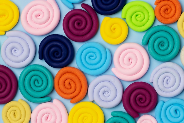 Flat lay spiral play dough shapes