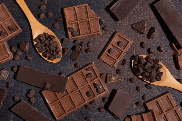 Flat lay  spoons with chocolate chips arrangement