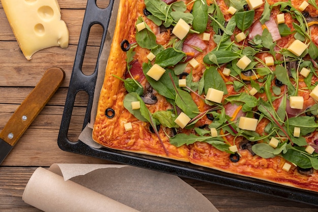 Flat lay square pizza on tray