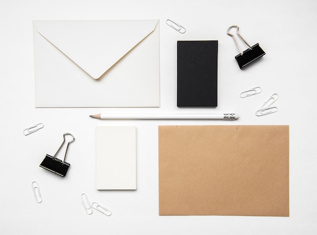 Flat lay stationery items and business card