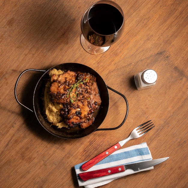 Flat lay steak with side