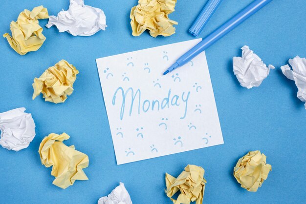 Flat lay of sticky note with frowns and crumpled paper for blue monday