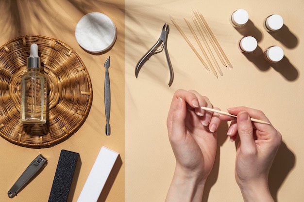 Flat lay still life arrangement of nail care products