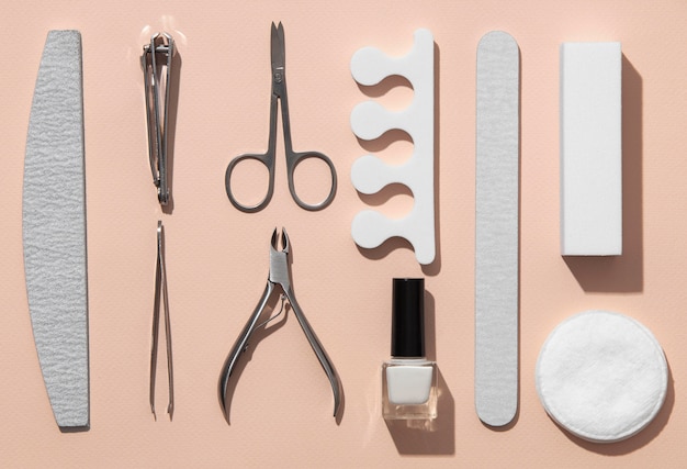 Flat lay still life assortment of nail care products