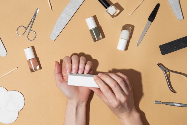 Flat lay still life composition of nail care products