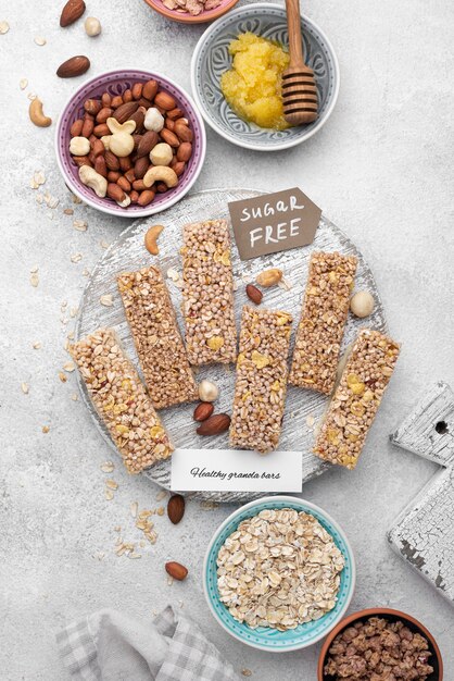 Flat lay sugar free snack bars arrangement