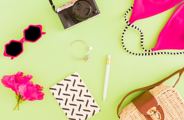 Flat lay of summer accessories of traveler