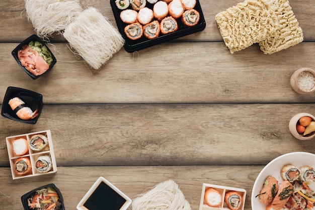 Flat lay sushi composition with copyspace