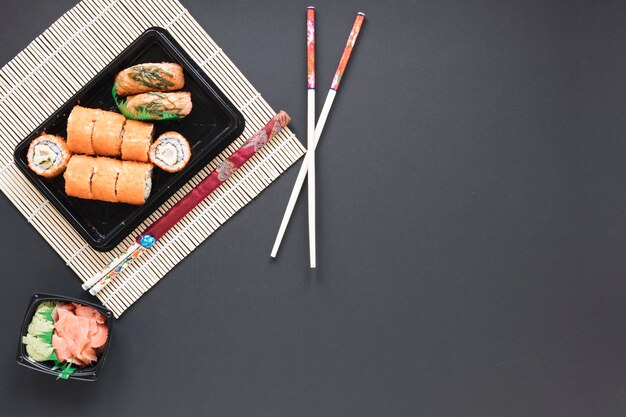 Flat lay sushi composition with copyspace