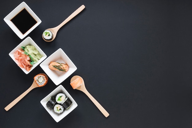 Flat lay sushi composition with copyspace