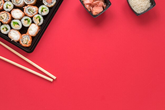 Flat lay sushi composition with copyspace