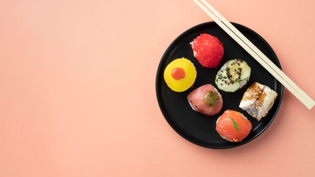 Flat lay sushi meal arrangement
