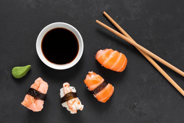 Flat lay sushi rolls on plate