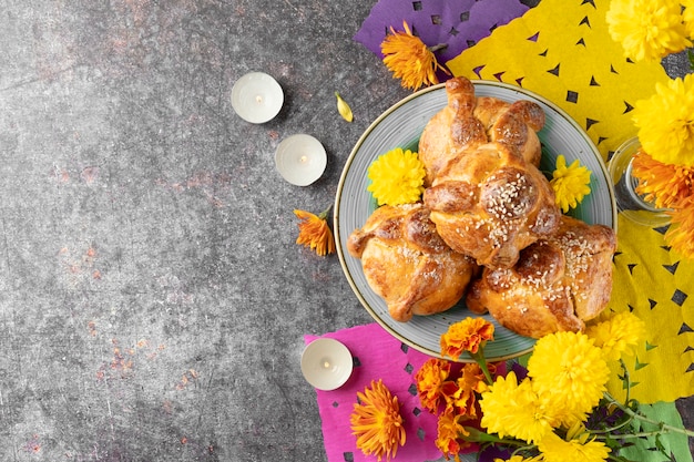 Flat lay sweets and flowers