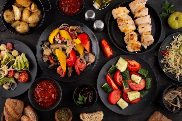 Flat lay table full of delicious food arrangement