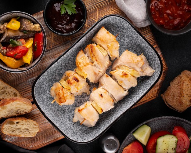 Flat lay table full of delicious food arrangement