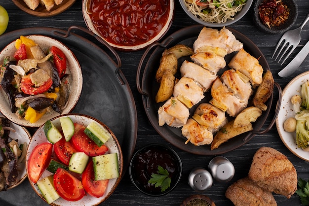 Flat lay table full of delicious food arrangement