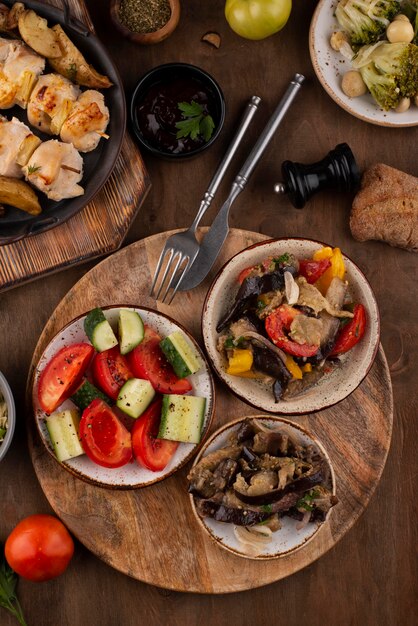 Flat lay table full of delicious food arrangement