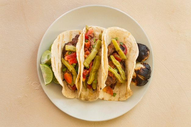 Flat lay tacos arrangement on plate