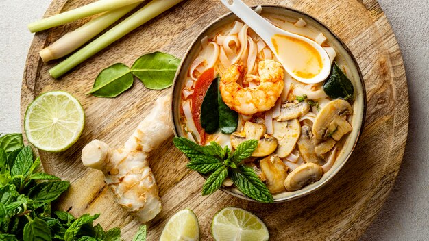 Flat lay tasty arrangement of noodles on a table