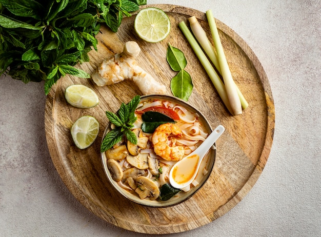 Flat lay tasty arrangement of noodles on a table