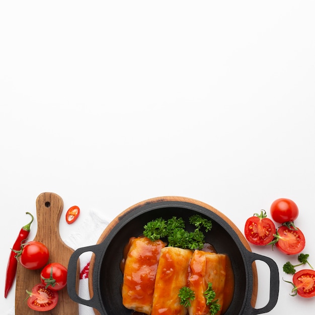 Free photo flat lay tasty food arrangement with copy-space