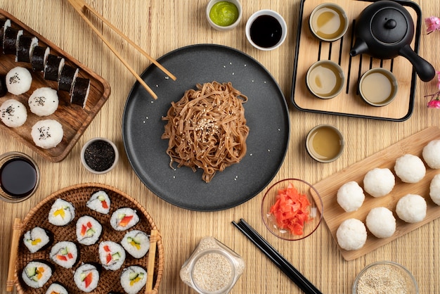 Flat lay tasty food on table arrangement