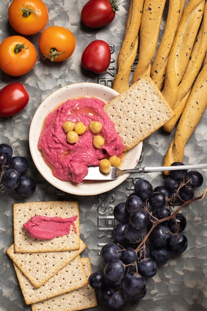 Flat lay tasty hummus on plate