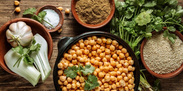 Flat lay tasty jewish food assortment